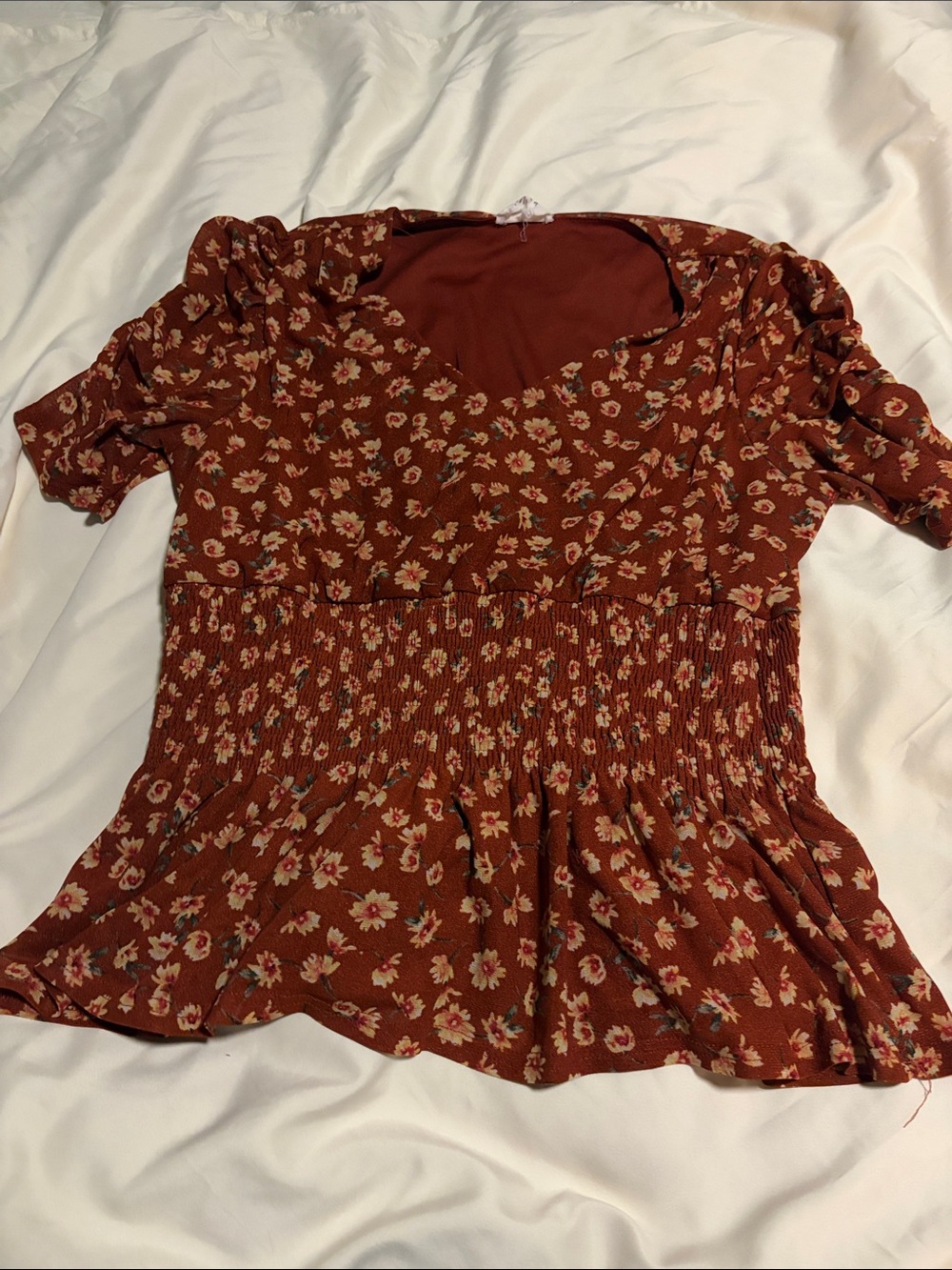 Floral Smocked Peplum Top - Rust